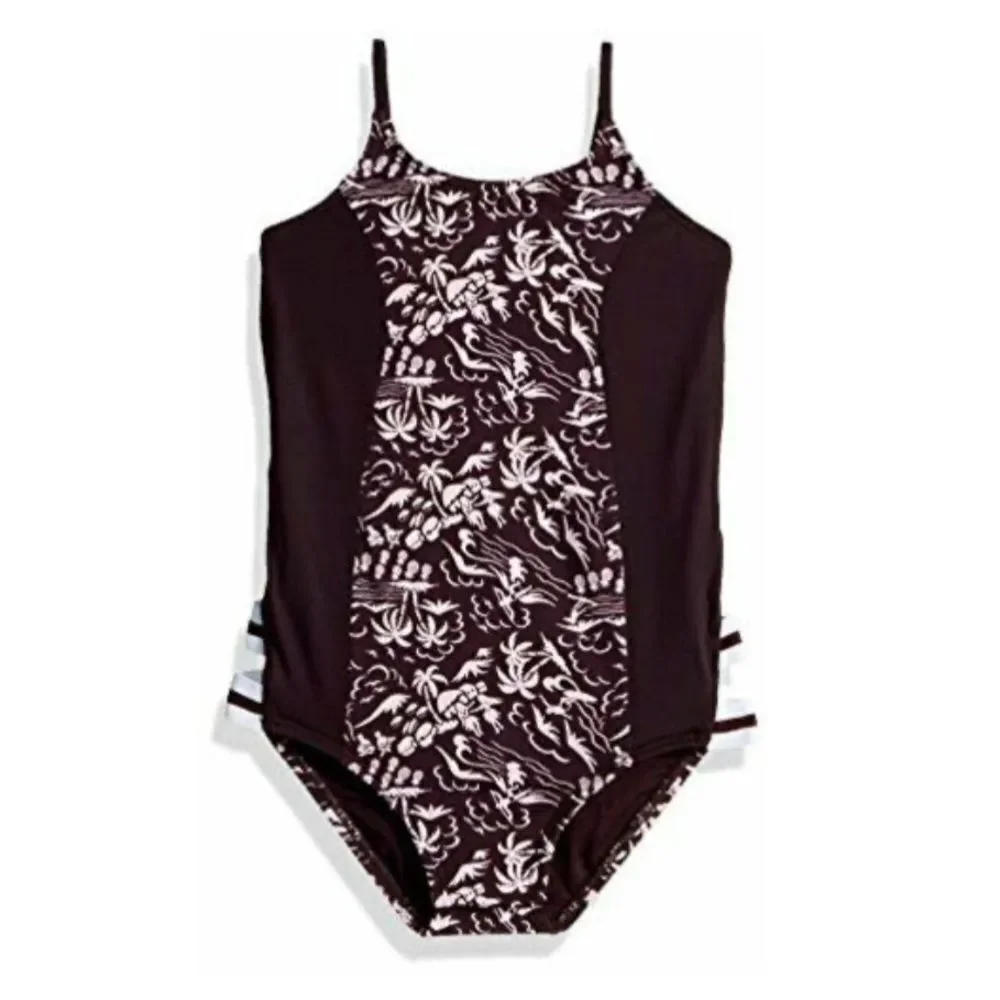 NWT Hobie Purple Girls One-Piece Swimsuit Tropical Palm Tree Print Kids Size 12